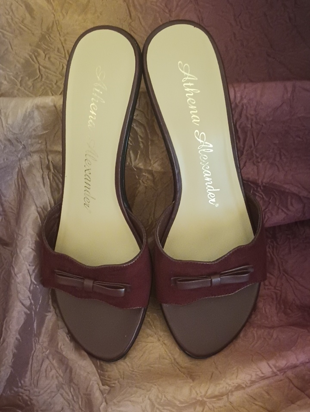 Athena Alexander Wine Open-Toe Slide Mules with Bow Accent with a 3.0 black heel